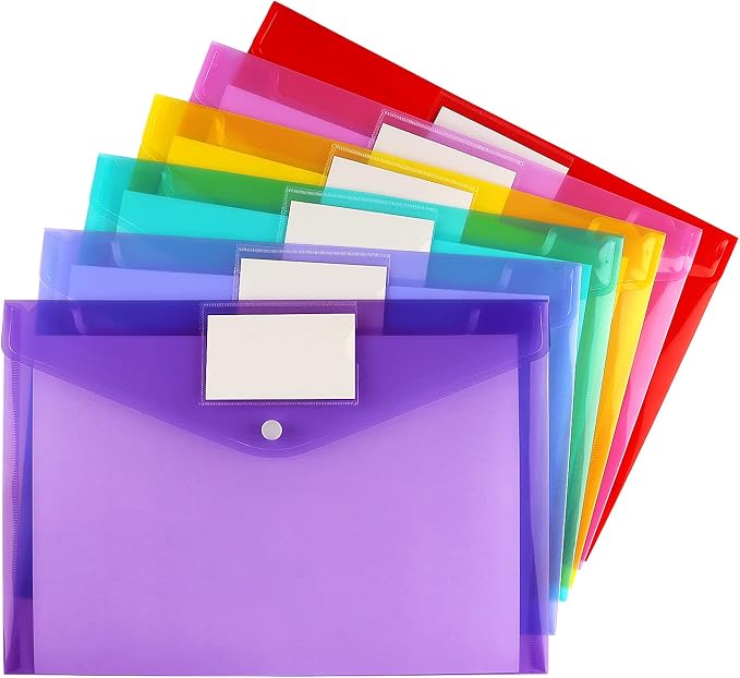 6 Pack Clear Document Folders Plastic Envelopes, A4 Size, 6 Colors | Poly by Tamaki