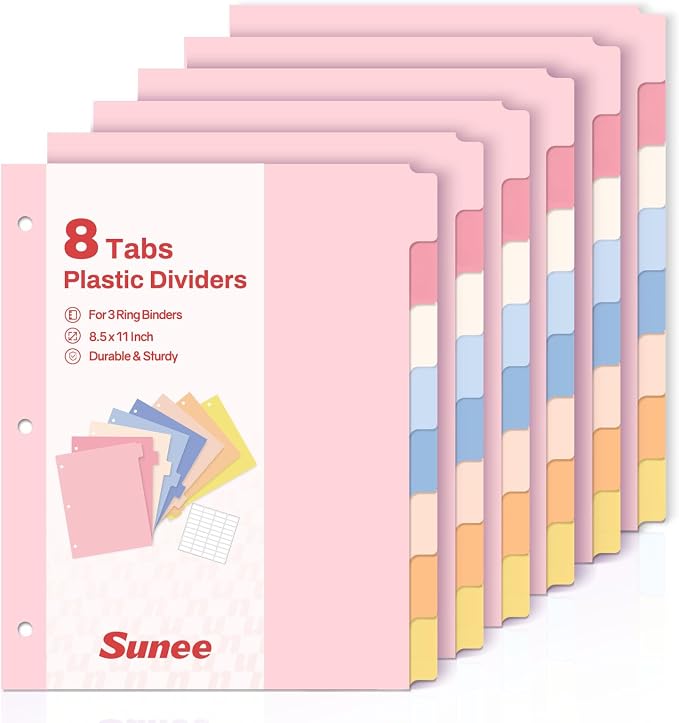 SUNEE 8 Tab Binder Dividers, Plastic Dividers by SUNEE