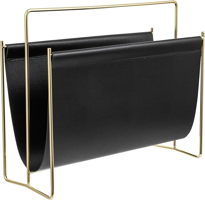 MyGift 15-Inch Modern Black Leatherette & Brass Plated Metal Magazine Holder – by MyGiftHome