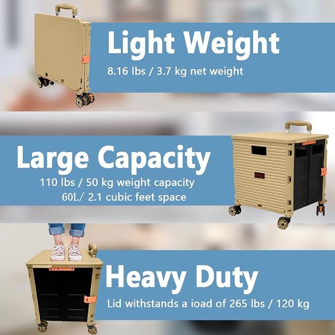 FELICON SELORSS Foldable Utility Cart Folding Portable Rolling Crate-Khaki | - Image 3