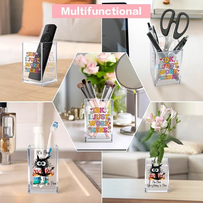 Funny Black Cat Work 2 Pack Acrylic Cosmetic Pencil Pen Holder Cup, Cute Office - Image 6