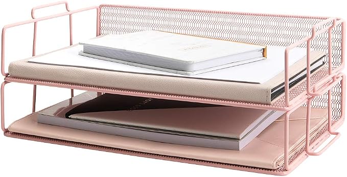BLU MONACO | Paper Tray Stackable Pink Mesh Set of 2 | Stackable File Trays by Blu_Monaco