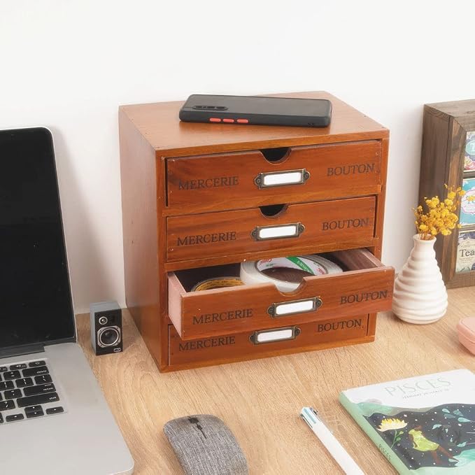 Wooden Storage Box with 4 Drawers Vintage Office Supplies and Accessories - Image 2