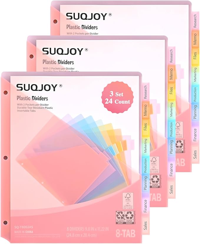 SUQJOY Binder Dividers with Pockets, Durable Plastic Subject Dividers with by SUQJOYOFFICE