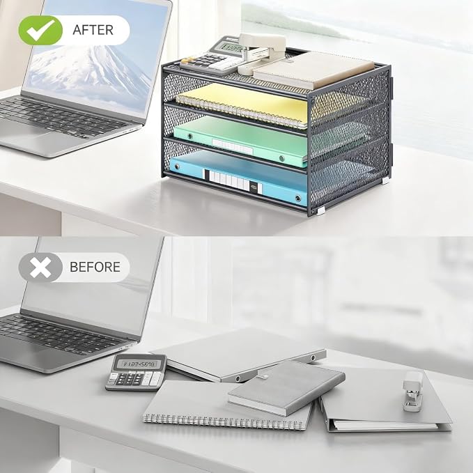Lavatino 3-Tier Letter Tray Desk Organizer – Grey Mesh Metal Paper File Tray - Image 5