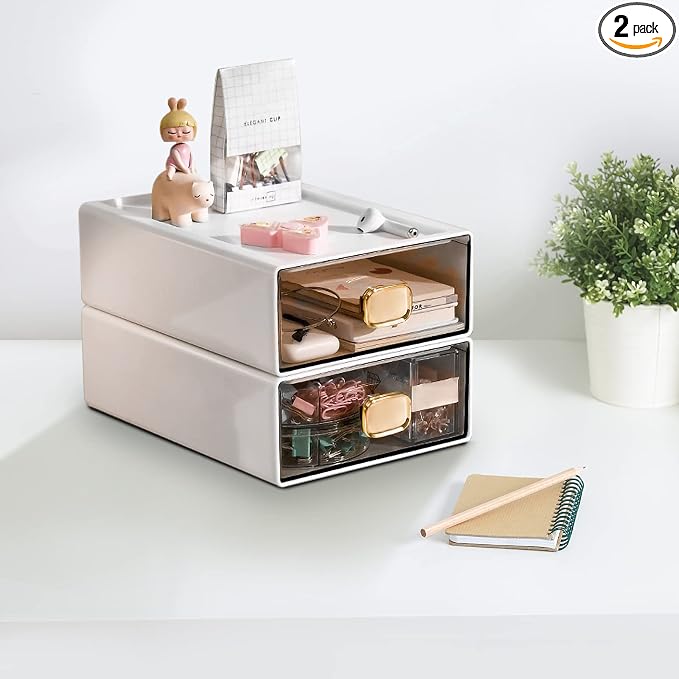2 PACK Stackable Desk Organizer Stackable Storage Drawer Small Desk Organizer by DETEIN