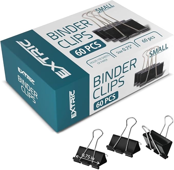 Binder Clips - 60 Pack Small Black Paper Clamps, 0.75 Inch, Holds 40+ Pages by EXTRIC