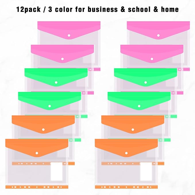 Colorlife Binder Pocket 12 Pack Plastic Envelopes Binder Folders 11 Holes - Image 4