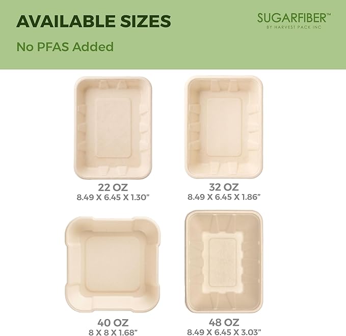 Harvest Pack 22 oz Compostable Food Trays, 8.49" x 6.45" x 1.3" Disposable PFAS - Image 7