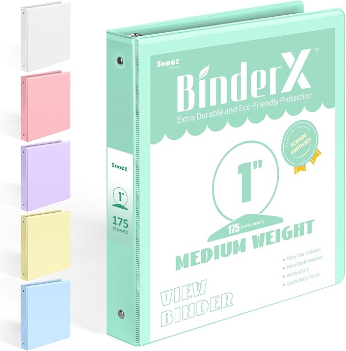 BinderX Extra Durable 3 Ring Binder, Round Ring 1 Inch Binders, Fits 175 Sheets by Sooez