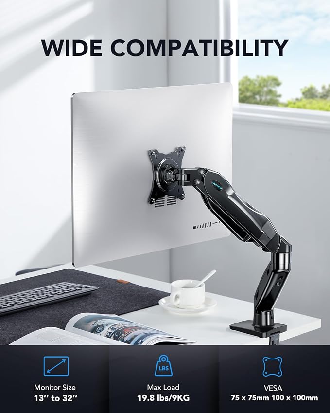 HUANUO FlowLift™ Single Monitor Mount, 13 to 32 Inch Monitor Arm, Adjustable - Image 2