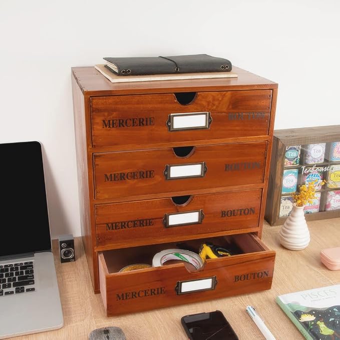 Wooden Storage Box with Drawers Vintage Office Supplies and Accessories Letter - Image 2