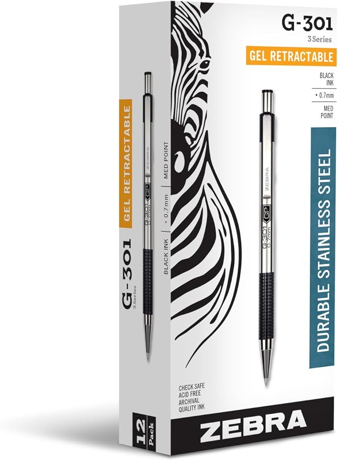 Zebra Pen G-301 Retractable Gel Pen, 0.7mm Medium Point, Stainless Steel Barrel by ZebraPen