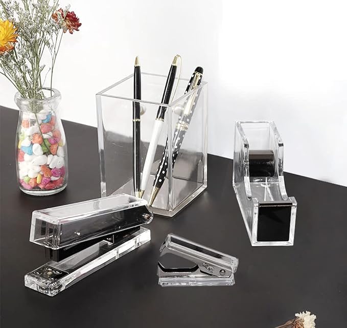 Acrylic Black Tape Dispenser and Desktop Stapler, Includes Staple Remover - Image 6