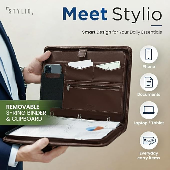 STYLIO Walnut Zipper Portfolio Binder w/Carrying Handle | Removable 3-Ring - Image 2