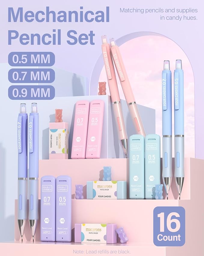 Four Candies Cute Pastel Mechanical Pencil Set, 0.5/0.7/0.9mm, 6 Pack | 360 - Image 4