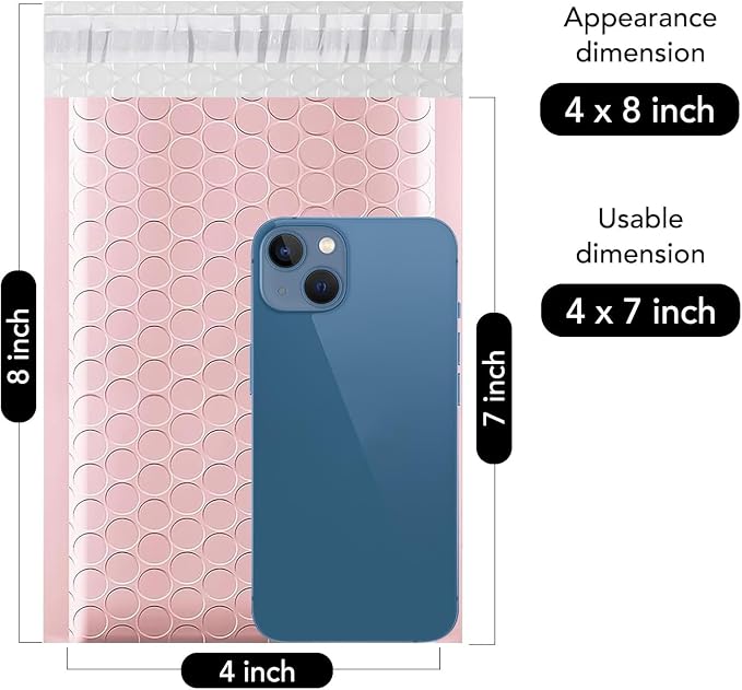 Fuxury Small Bubble Mailers 4x8" 100 Pack Light Pink Bubble Mailer Usable Size - Image 2