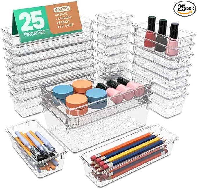 KICHLY 25 Piece Clear Drawer Organizer Set – Multi Size Storage Trays by KICHLY