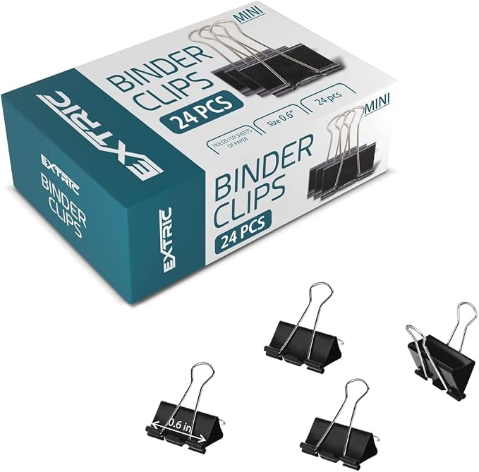 Binder Clips - 24 Mini Binder Clips, 0.6 Inch Black Paper Clamps, File Clip by EXTRIC