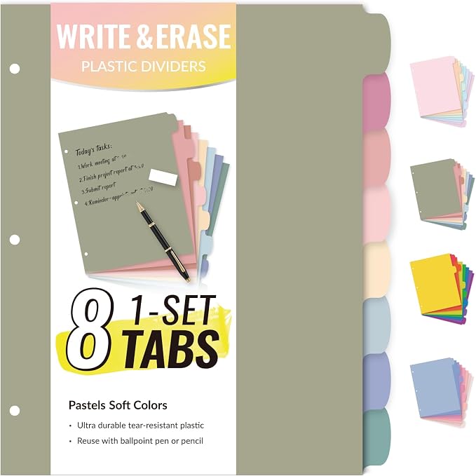 Sooez 8 Tabs Long-Lasting Plastic Write & Erase Large Tabs Dividers by Sooez
