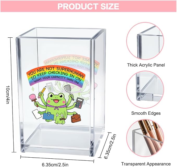 You Are Not Superhuman Acrylic Cosmetic Pencil Pen Holder Cup, Boho Cute Frog - Image 2