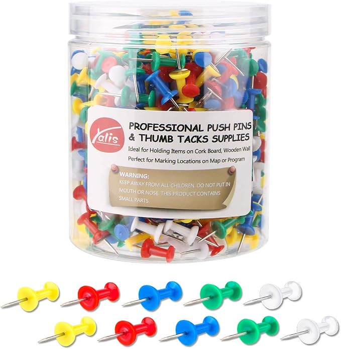 Push Pins 600 Count, Standard Multicolored Thumb Tacks Steel Point and Colors by Yalis