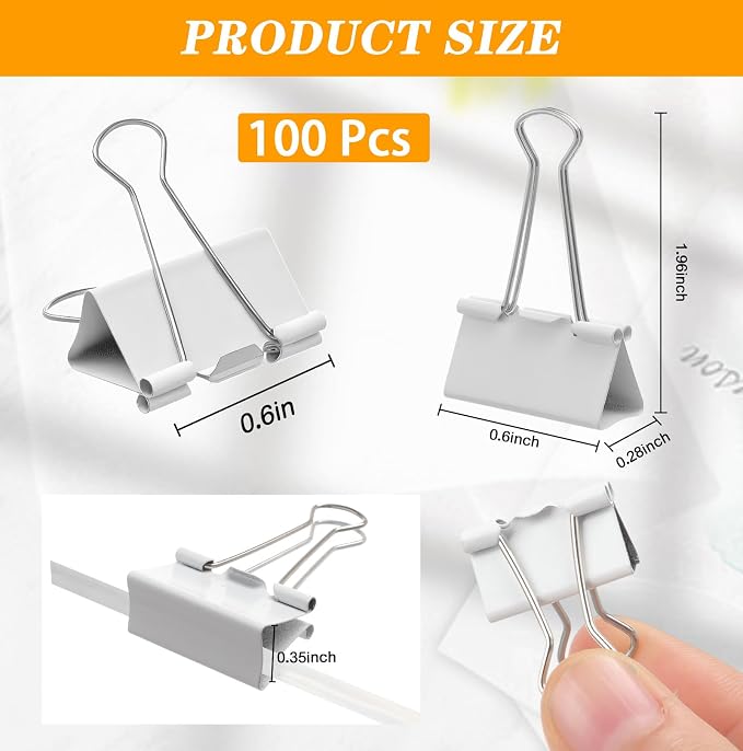Jetec 100 Pack 0.6in/15mm White Metal Binder Clips Bulk Medium Reusable Fold - Image 2