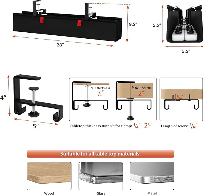 Univivi No Drill Under Desk Cable Management Tray, Clamp/Screw Mount Desk Cable - Image 4