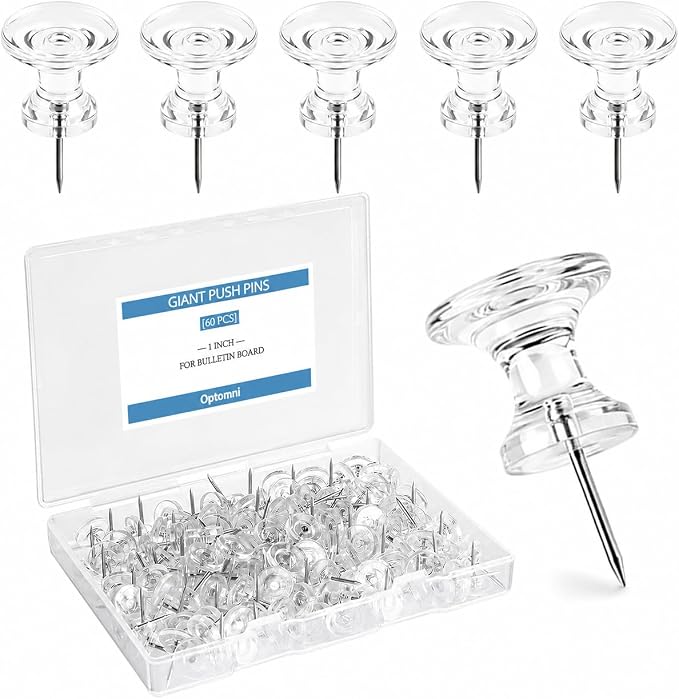 Optomni Giant Push Pins 60 PCS, 1 Inch Large Clear Push Pins by Optomni