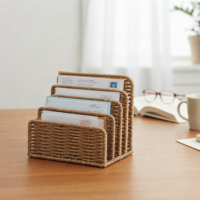 Desk Mail Organizer, 3-Slot Woven Letter Sorter File Tray, Office and Home Use - Image 5