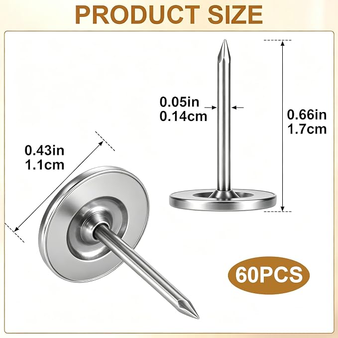 60pcs Metal Thumb Tacks, 0.43x0.66in, Heavy Duty Flat Head, Fixing Photos Notes - Image 2