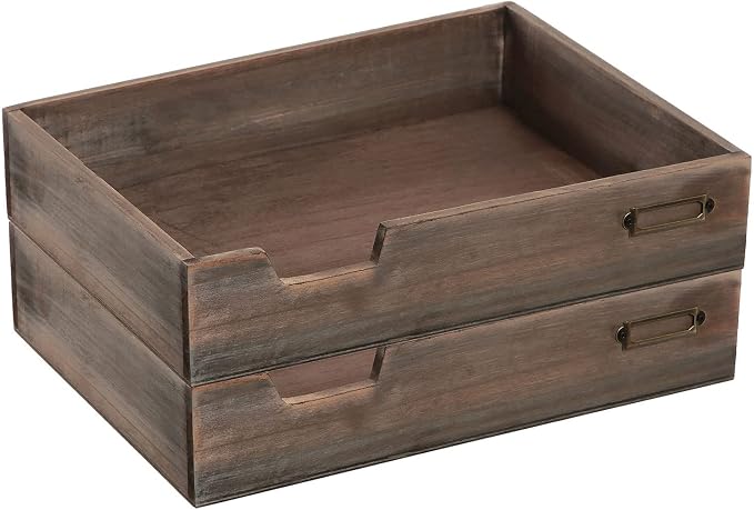 MyGift Set of 2 Vintage Distressed Finish Brown Wood Stackable Office Desktop - Image 3