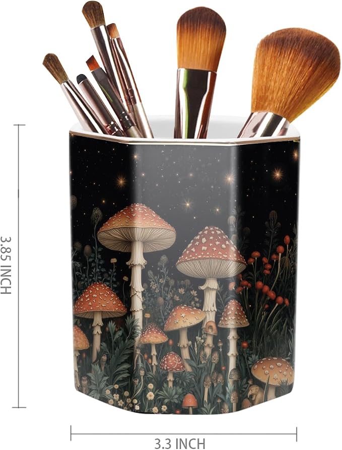 Ceramic Mushroom Pen Holder for Desk Cute Stand Gold Pencil Cup Pot Desk - Image 2