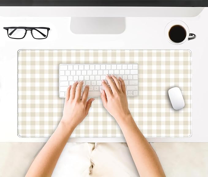 Beige Checkered Gingham Desk Mat Pad XXL Large Mouse Pad Anti-Slip Big Mousepad - Image 4