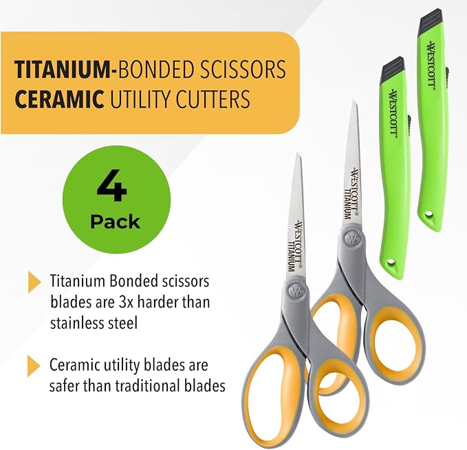 Westcott 2 Titanium Bonded Scissors and 2 Ceramic Utility Cutters - Image 2