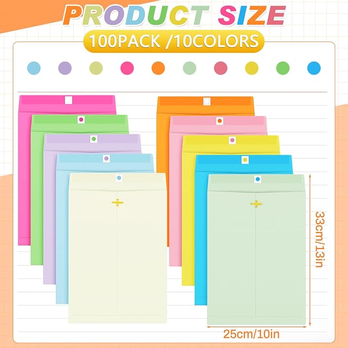 Geyee 100 Pcs Clasp Manilla Envelopes 10 x 13 Inch Gummed Colored Envelopes - Image 2