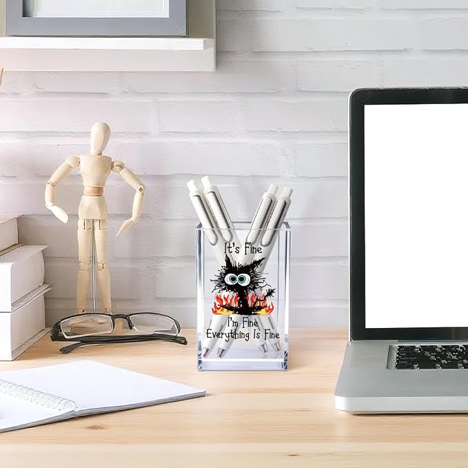 It's Fine I'm Fine Acrylic Cosmetic Pencil Pen Holder Cup, Funny Black Cat Pen - Image 4