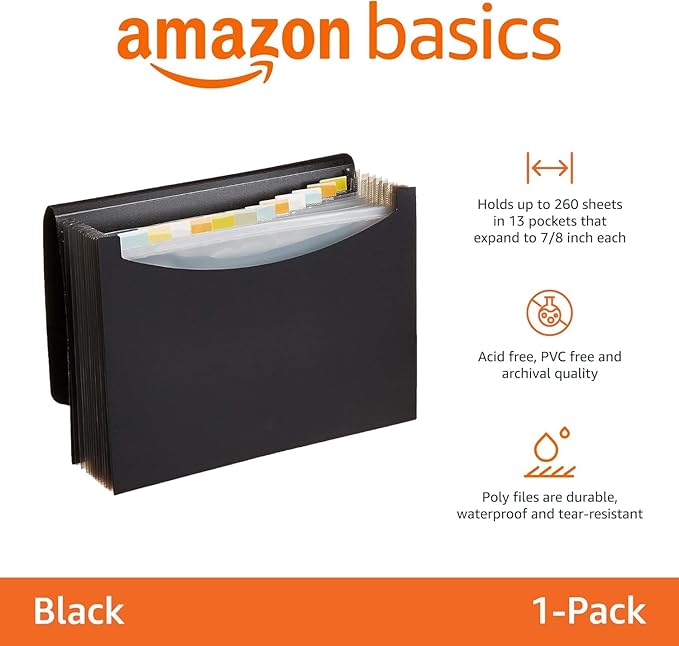 Amazon Basics Expanding Accordion File Organizer, Letter Size, 13 Compartments - Image 2