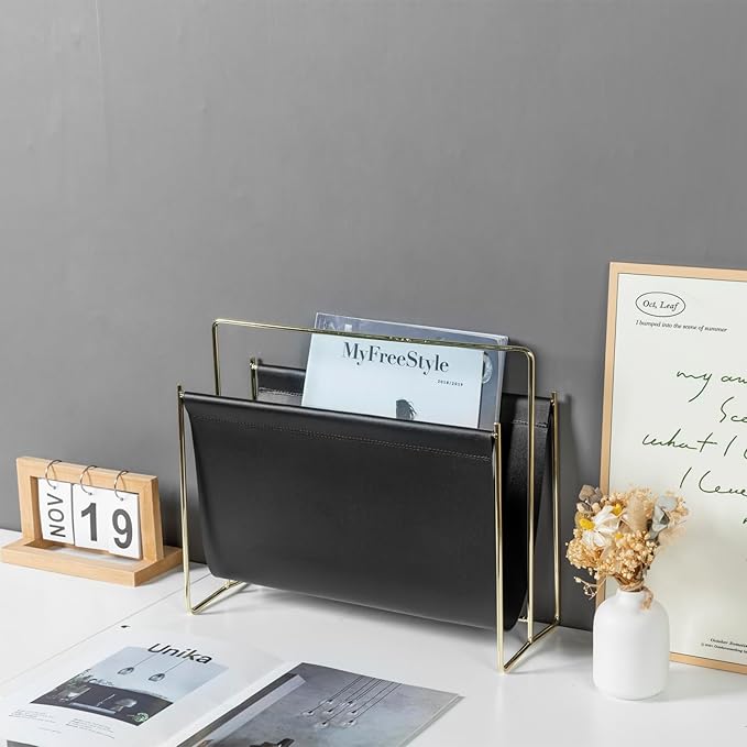 MyGift 15-Inch Modern Black Leatherette & Brass Plated Metal Magazine Holder – - Image 3