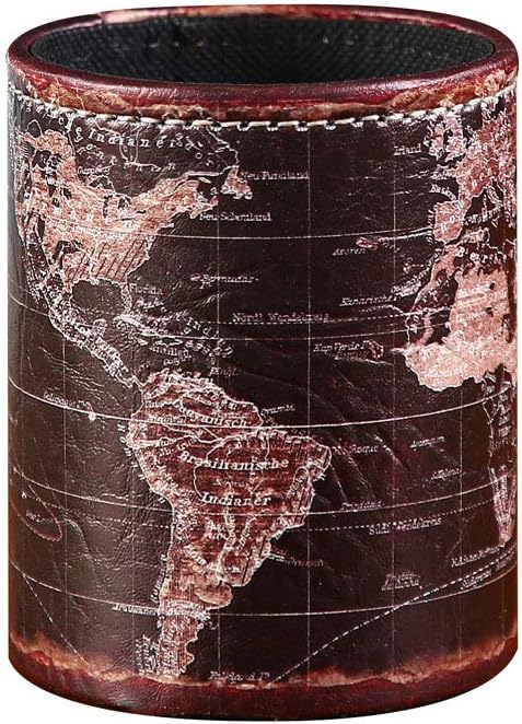 Black World Map Pencil Holder for Desk, PU leather Pencil Cup, Globe Pen Holder by Linkwell