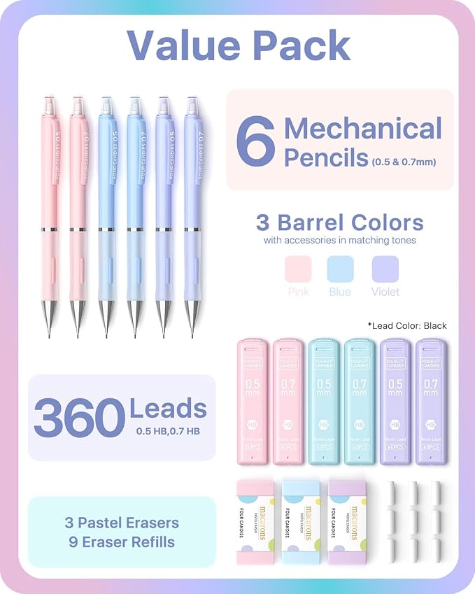 Four Candies Cute Pastel Mechanical Pencil Set, 6 Pack | 360 Lead Refills - Image 2