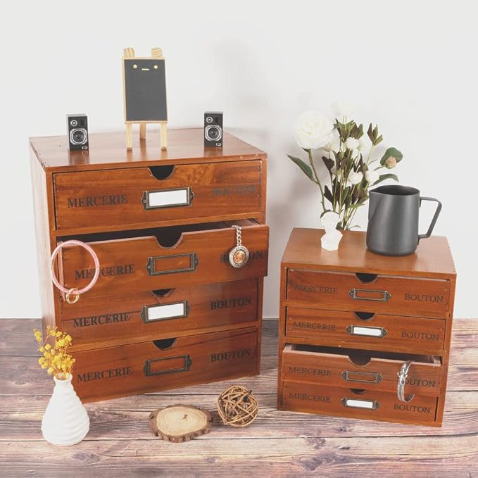 Wooden Storage Box with 4 Drawers Vintage Office Supplies and Accessories - Image 6