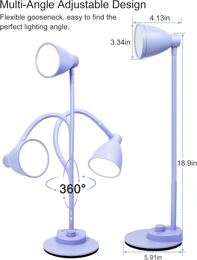 BOHON LED Desk Lamp with USB Charging Port, 3 Color Modes Dim, Lilac Purple | - Image 7