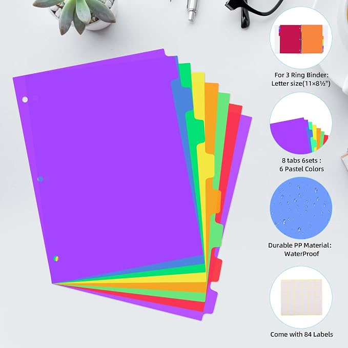 Binder Dividers for 3 Ring Binder, 8 Tab Plastic File Dividers - Image 4