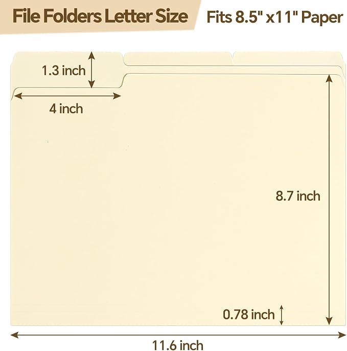 File Folders, 100 Pack Manilla Folders 8.5x11, 1/3 Cut Tabs Manila File Folders - Image 3