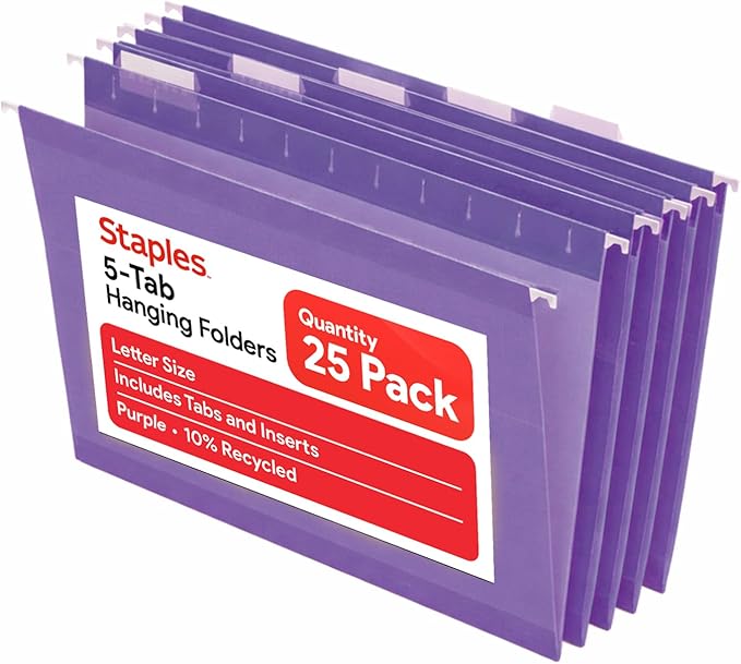 Staples Hanging File Folders, Letter Size, 1/5‑Cut Tabs, Tear‑Resistant by Staples