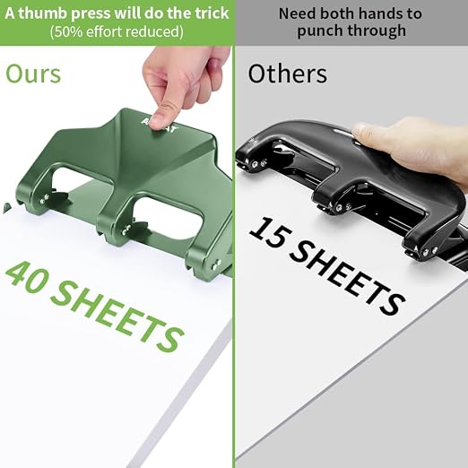 AFMAT 3 Hole Punch Heavy Duty, 40-Sheet Three Hole Punch, 50% Reduced Effort - Image 5