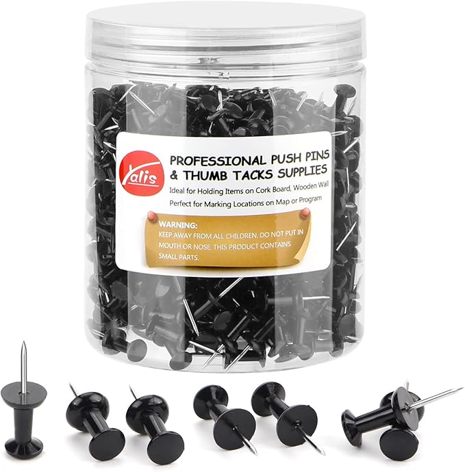 Black Push Pins 600 Count, Standard Dark Thumb Tacks by Yalis