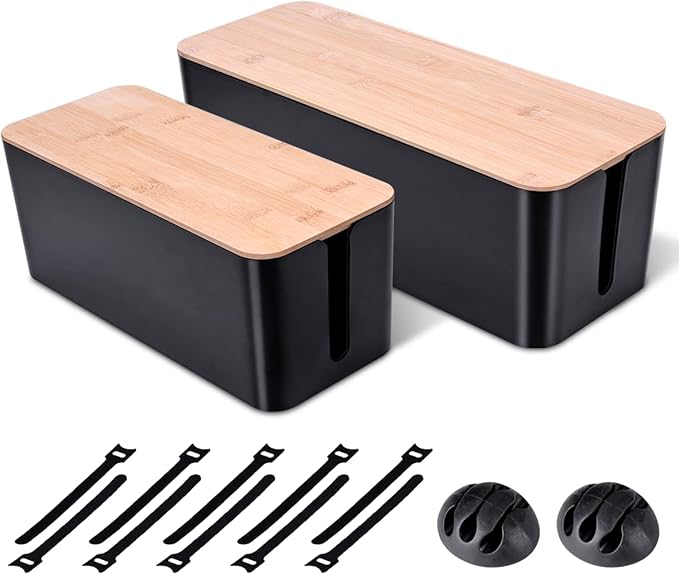 2 Pack Large Cable Management Box – Wooden Style Cord Organizer Box and Cover by Naeety