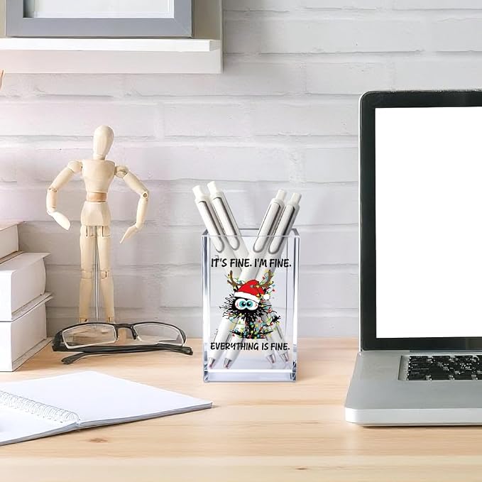 It's Fine I'm Fine Acrylic Cosmetic Pencil Pen Holder Cup, Funny Black Cat Pen - Image 4